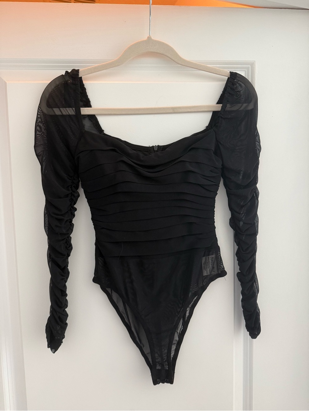 Black Long-Sleeve Ruched Mesh Bodysuit